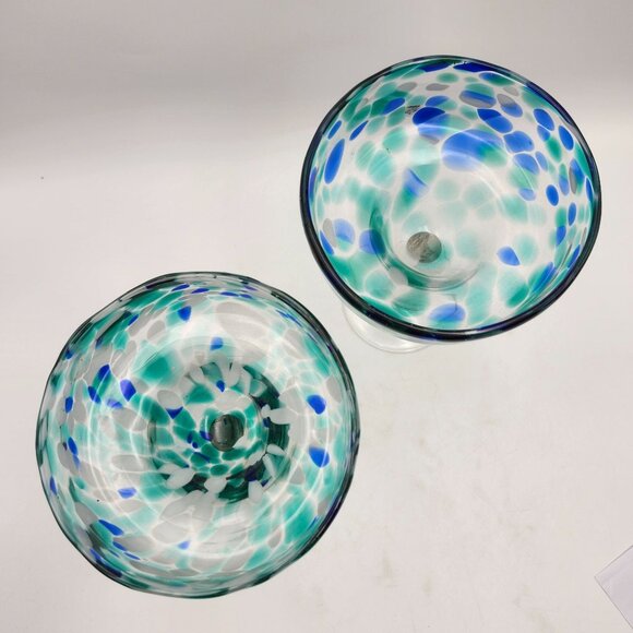 Mexican Margarita Glasses Confetti Blue Green Swirl Handcrafted Set Of 2 - Picture 5 of 6